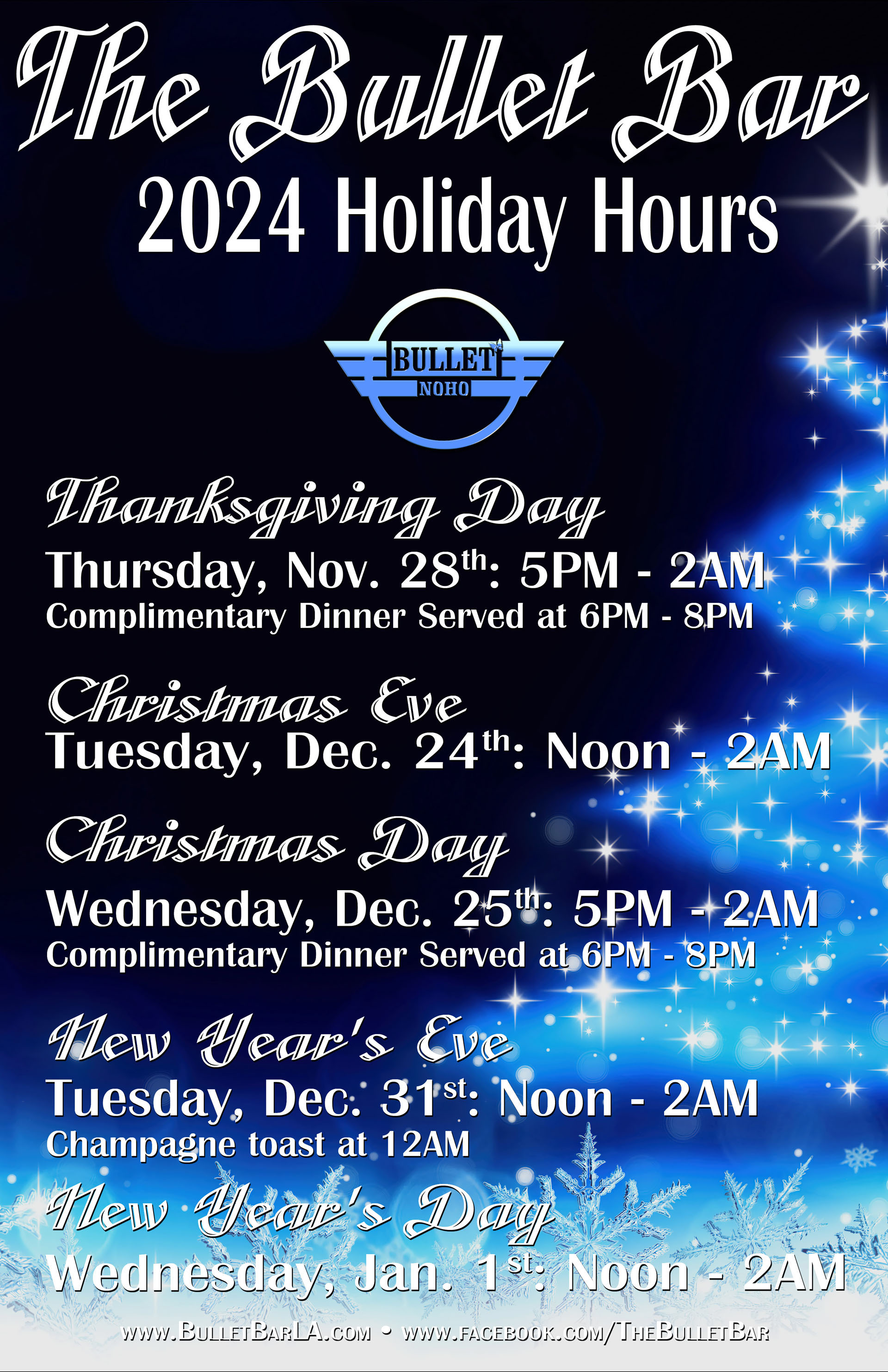 The Bullet Bar's Holiday Hours for 2024