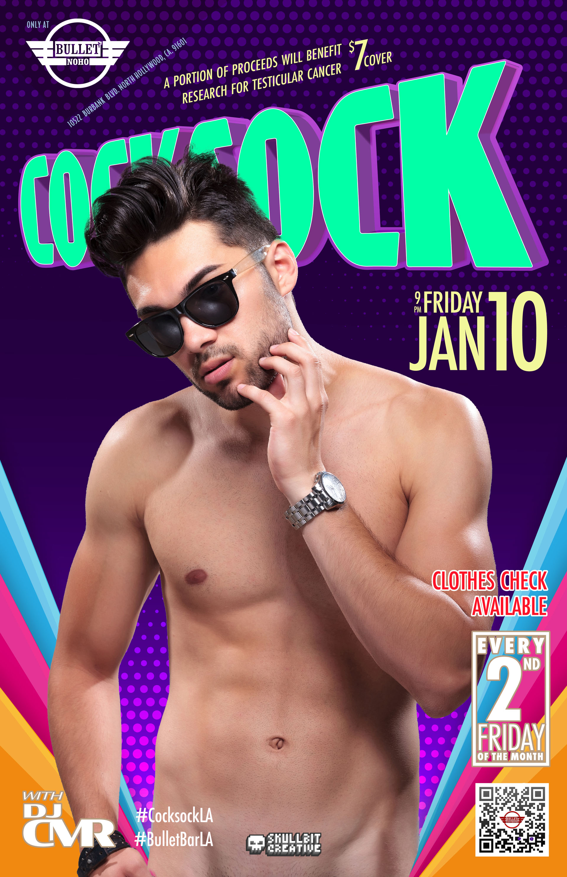 THE BULLET BAR & SKULLBIT CREATIVE Present COCKSOCK: Friday, 01/10/25 at 9:00 PM. $7 cover. Clothes Check available. A portion of the proceeds will go to benefit research for testicular cancer.