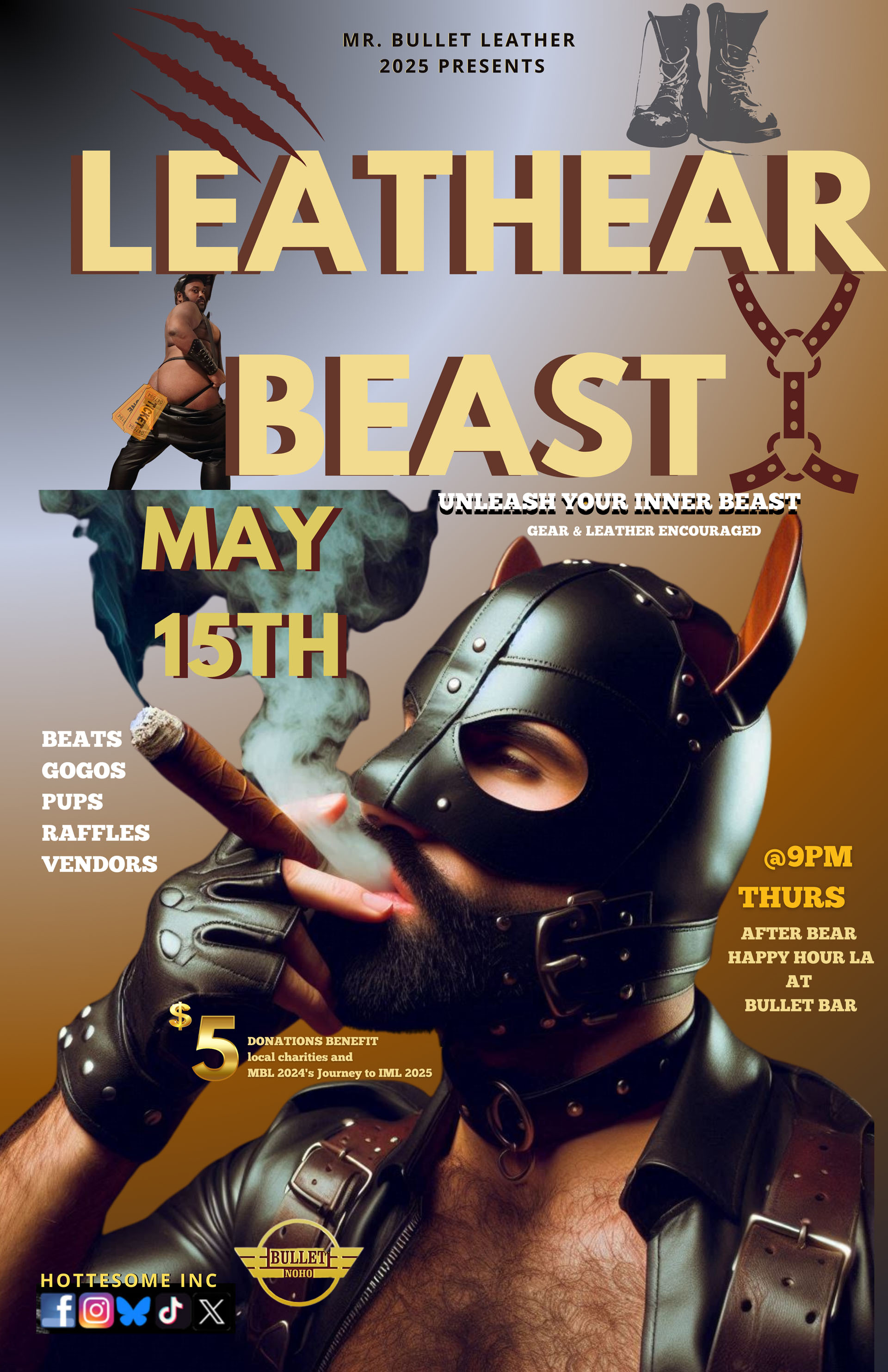 MR. BULLET LEATHER 2025 presents LEATHER BEAST: Thursday, 05/15/25 from 9PM-2AM. BEATS! GOGOS! PUPS! RAFFLES! VENDORS! $5 Suggested Door Donation.