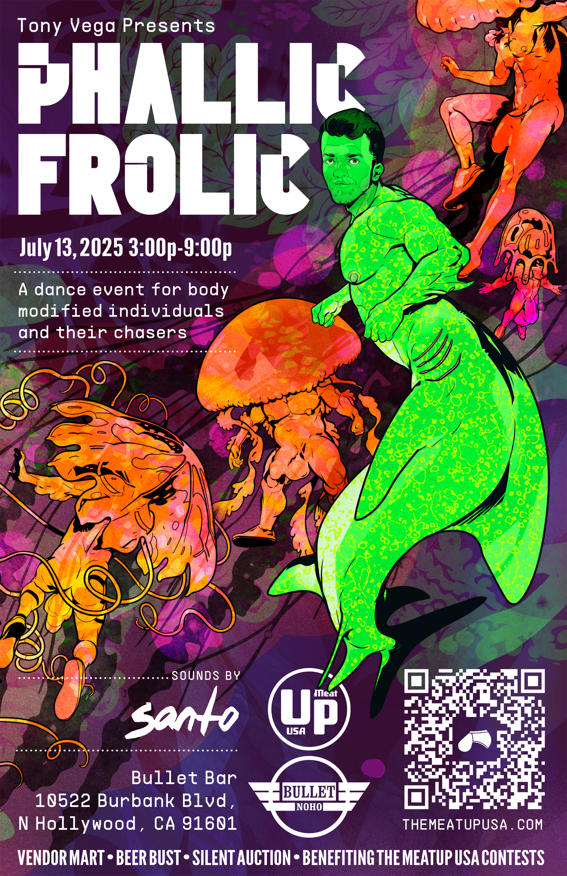 THE BULLET BAR and TONY VEGA Present PHALLIC FROLIC: A dance event for body modified individuals and their chasers! Featuring Sounds by SANTO! Vendor Mart! Beer Bust! Silent Auction! Benefiting TheMeatUpUSA Contests! Sunday, 07/13/25 from 3:00 PM to 9:00 PM.