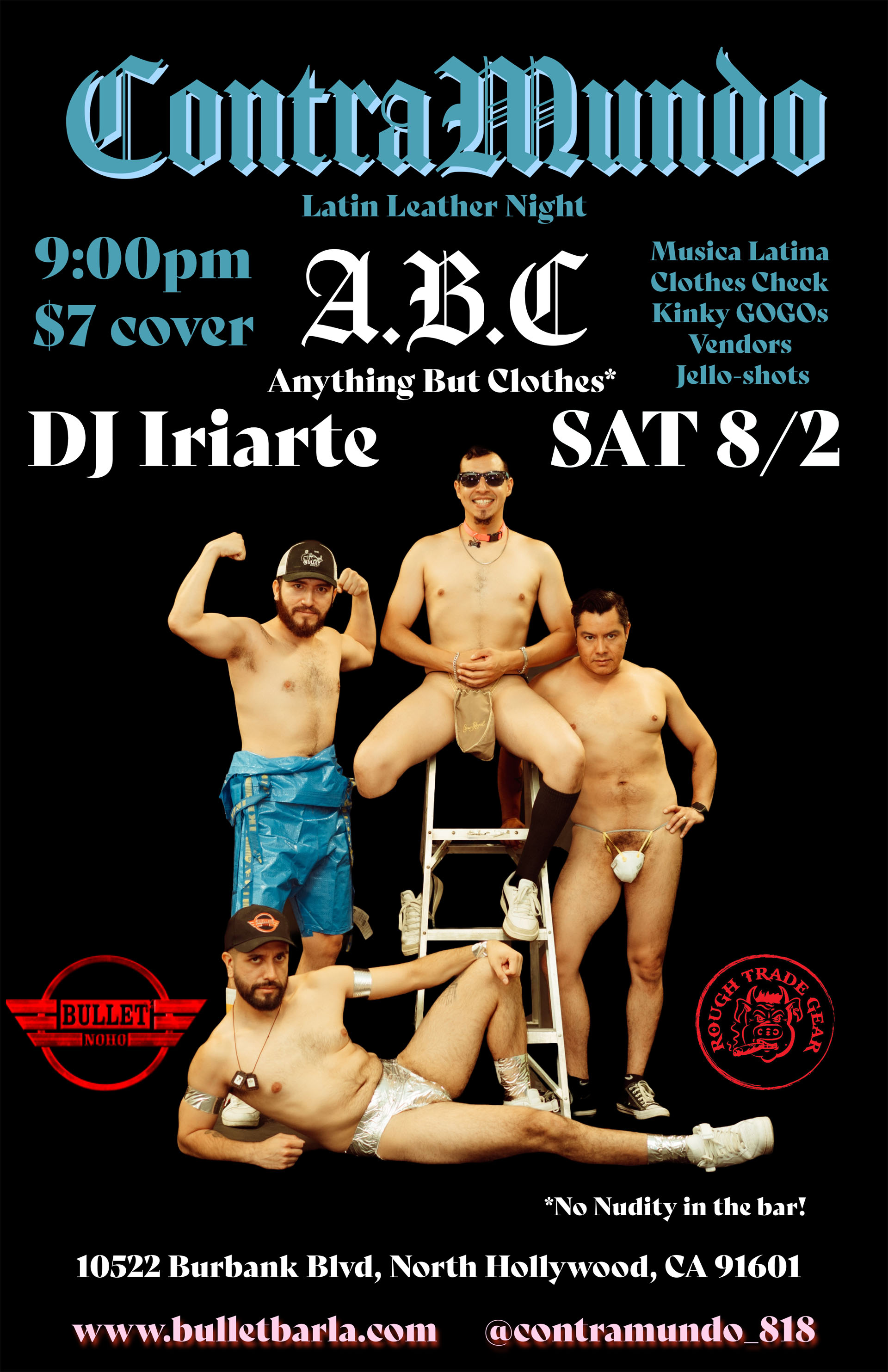 THE BULLET BAR Presents CONTRAMUNDO, LATIN LEATHER NIGHT! The First Saturday of the Month. 08/02/25 at 9:00 PM. Featuring DJ IRIARTE! $7.00 cover.