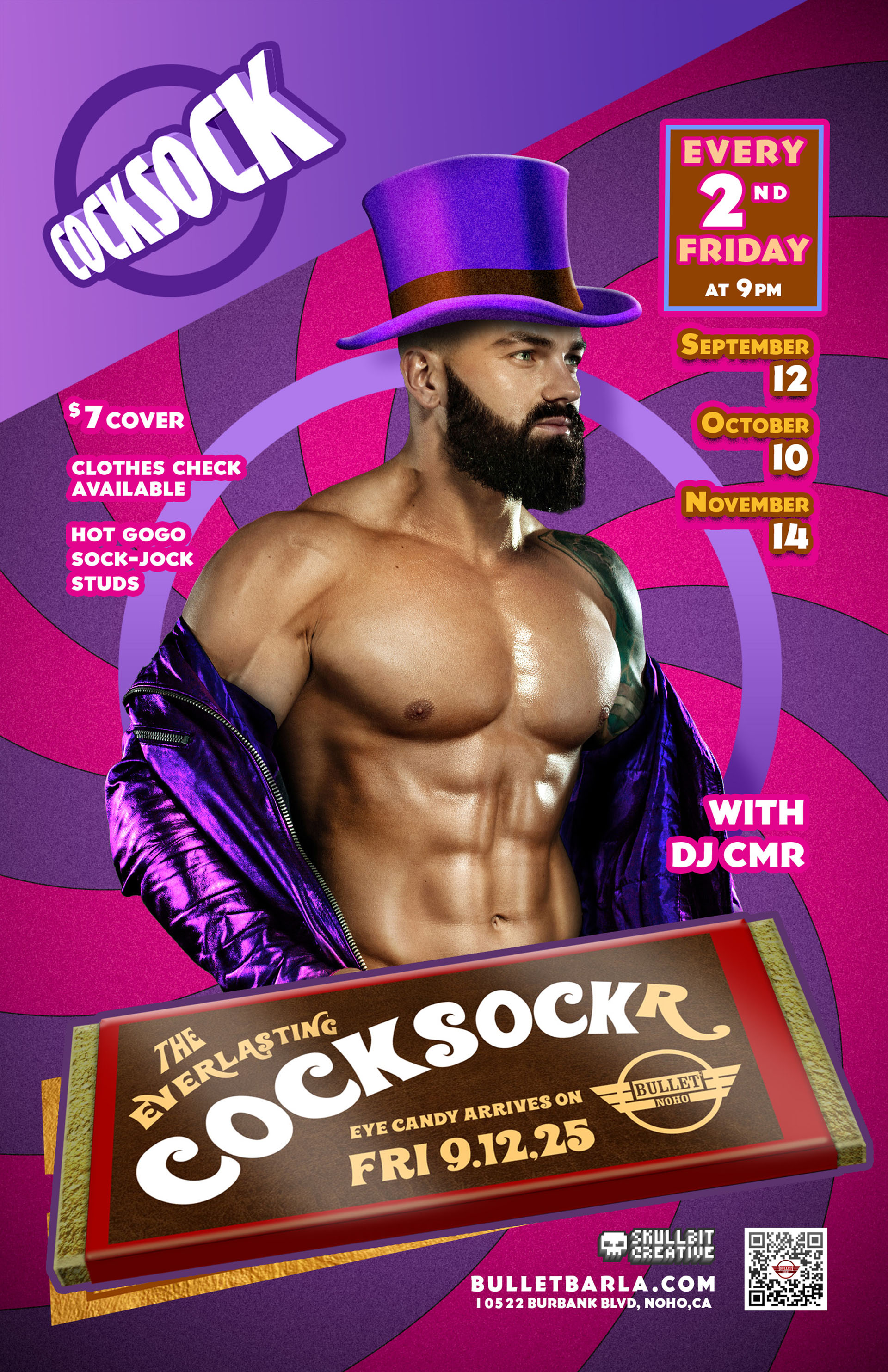 THE BULLET BAR & SKULLBIT CREATIVE Present THE EVERLASTING COCKSOCKr: Friday, 09/12/25 at 9:00 PM. Featuring DJ CMR! $7 cover. Clothes Check available. A portion of the proceeds will go to benefit research for testicular cancer.