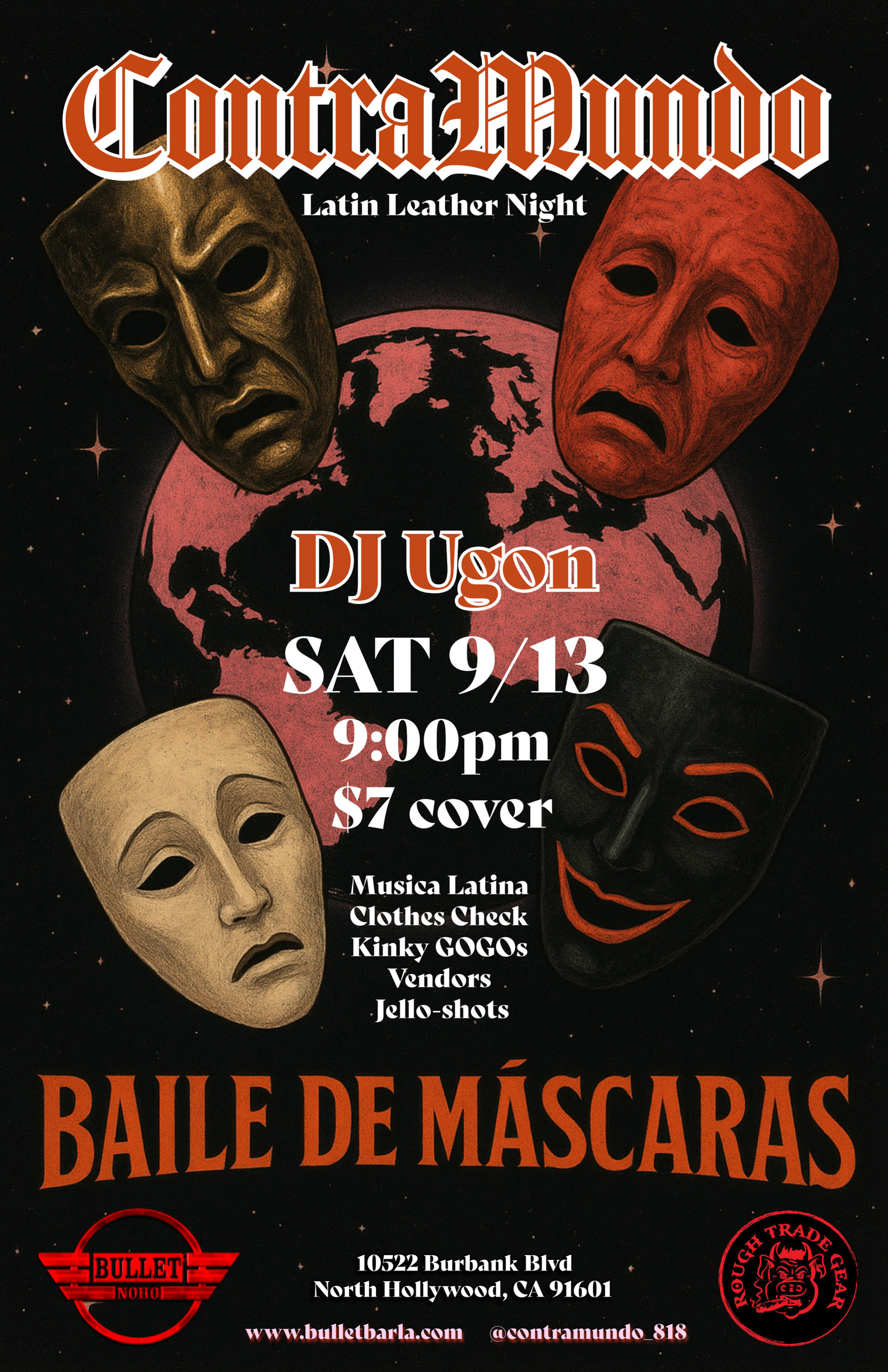 THE BULLET BAR Presents CONTRAMUNDO, LATIN LEATHER NIGHT! 09/13/25 at 9:00 PM. Featuring DJ UGON! $7.00 cover.
