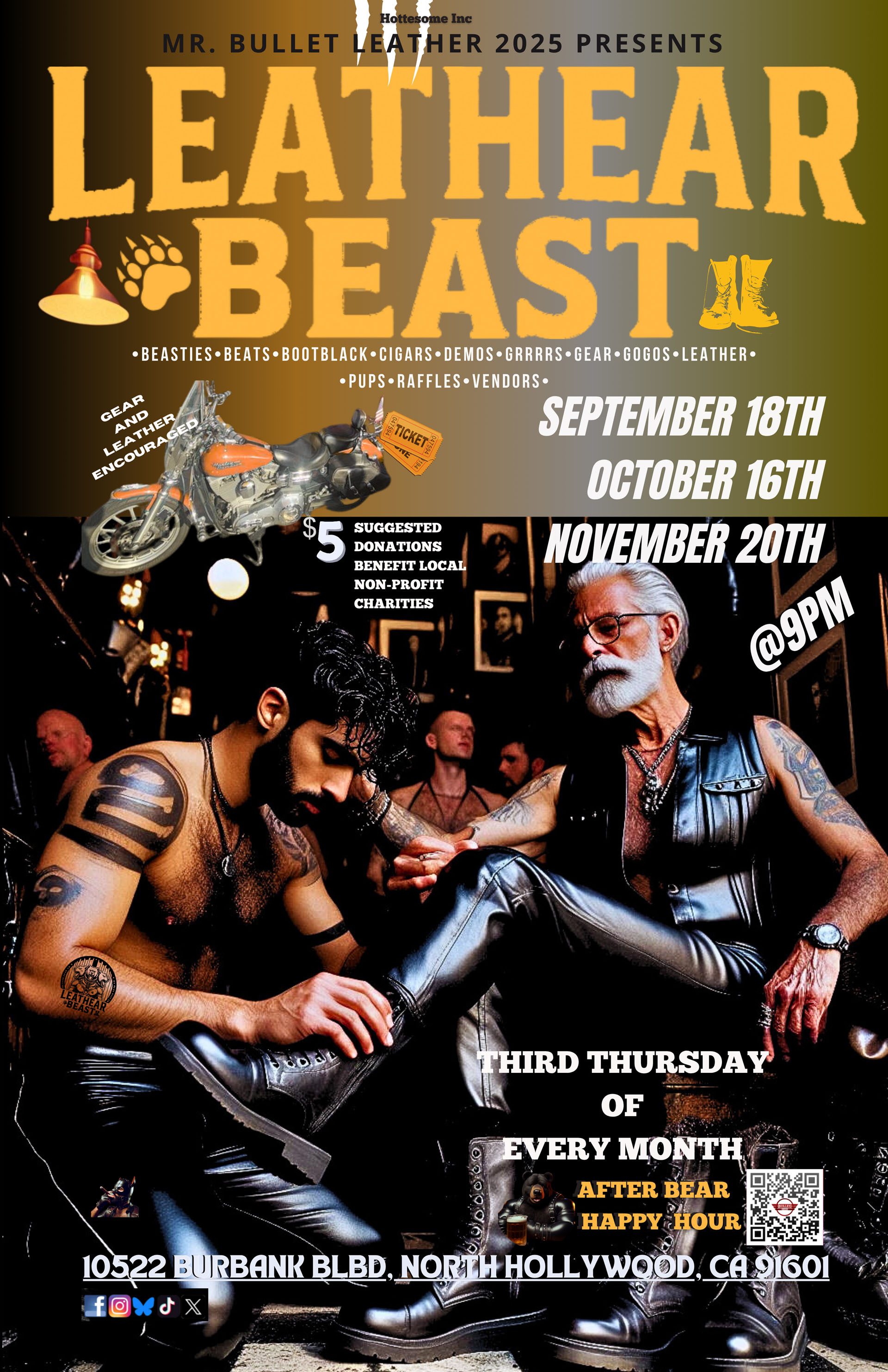 MR. BULLET LEATHER 2025 presents LEATHEAR BEAST: Thursday, 09/18/25 from 9PM-2AM. BEATS! GOGOS! PUPS! RAFFLES! VENDORS! $5 Suggested Door Donation.