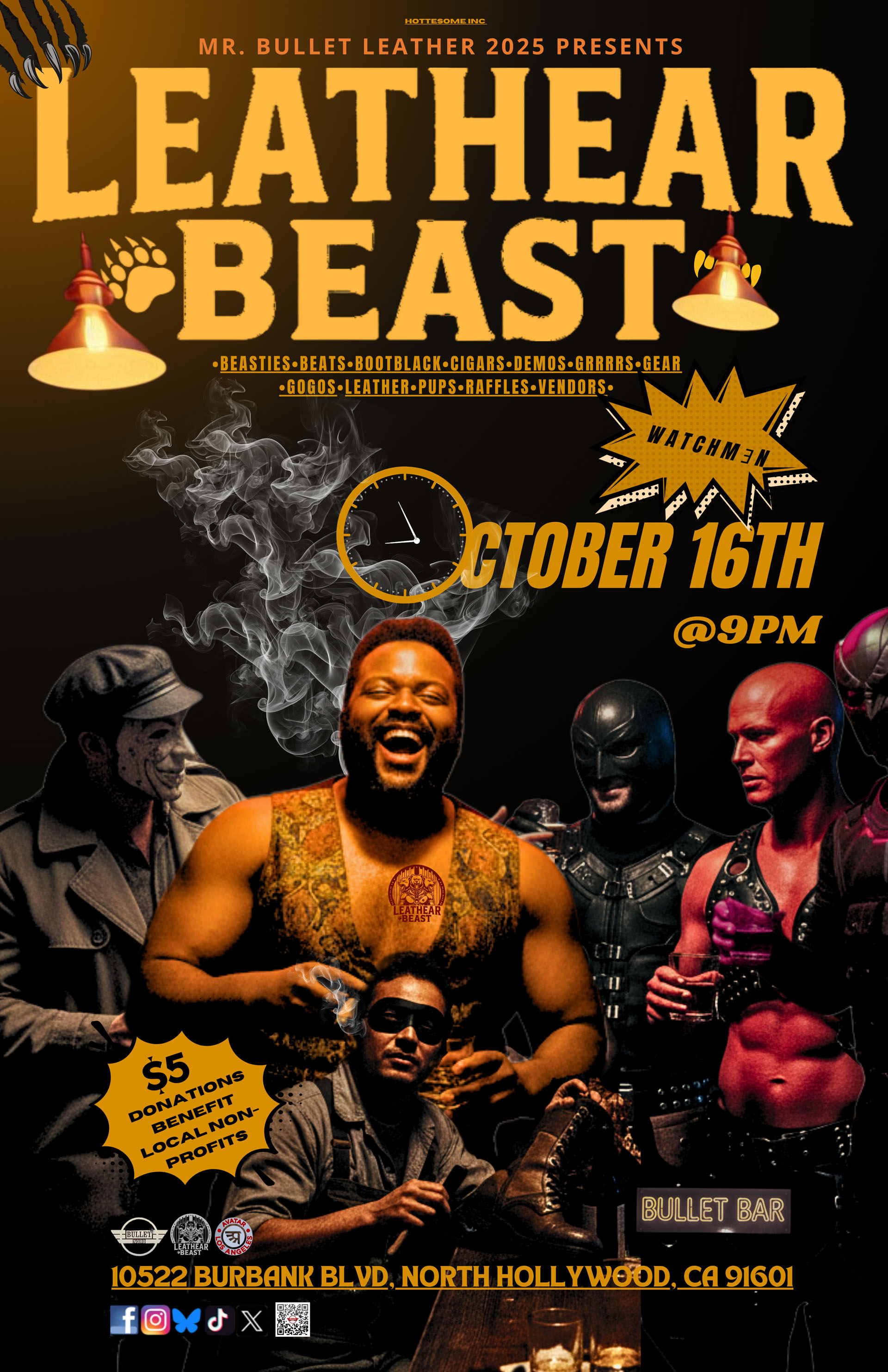 MR. BULLET LEATHER 2025 presents LEATHEAR BEAST: Thursday, 10/16/25 from 9PM-2AM. BEATS! GOGOS! PUPS! RAFFLES! VENDORS! $5 Suggested Door Donation.