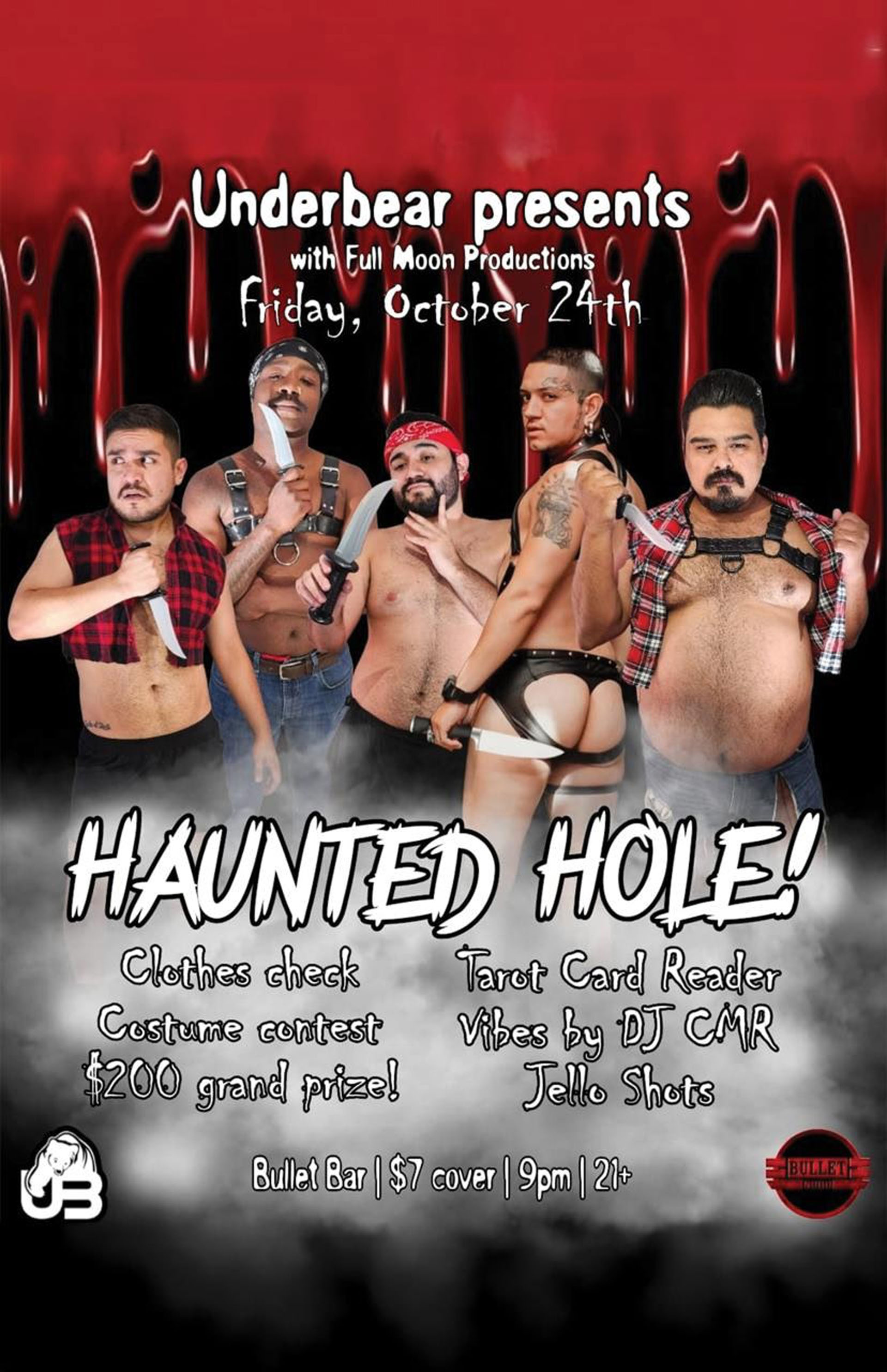 The Bullet Bar and UnderBearParty.com Present UNDERBEAR HAUNTED HOLE!: Friday, 10/24/25 at 9:00 PM! Featuring DJ CMR! COSTUME CONTEST with $200 GRAND PRIZE! TAROT READER! $7 Cover.