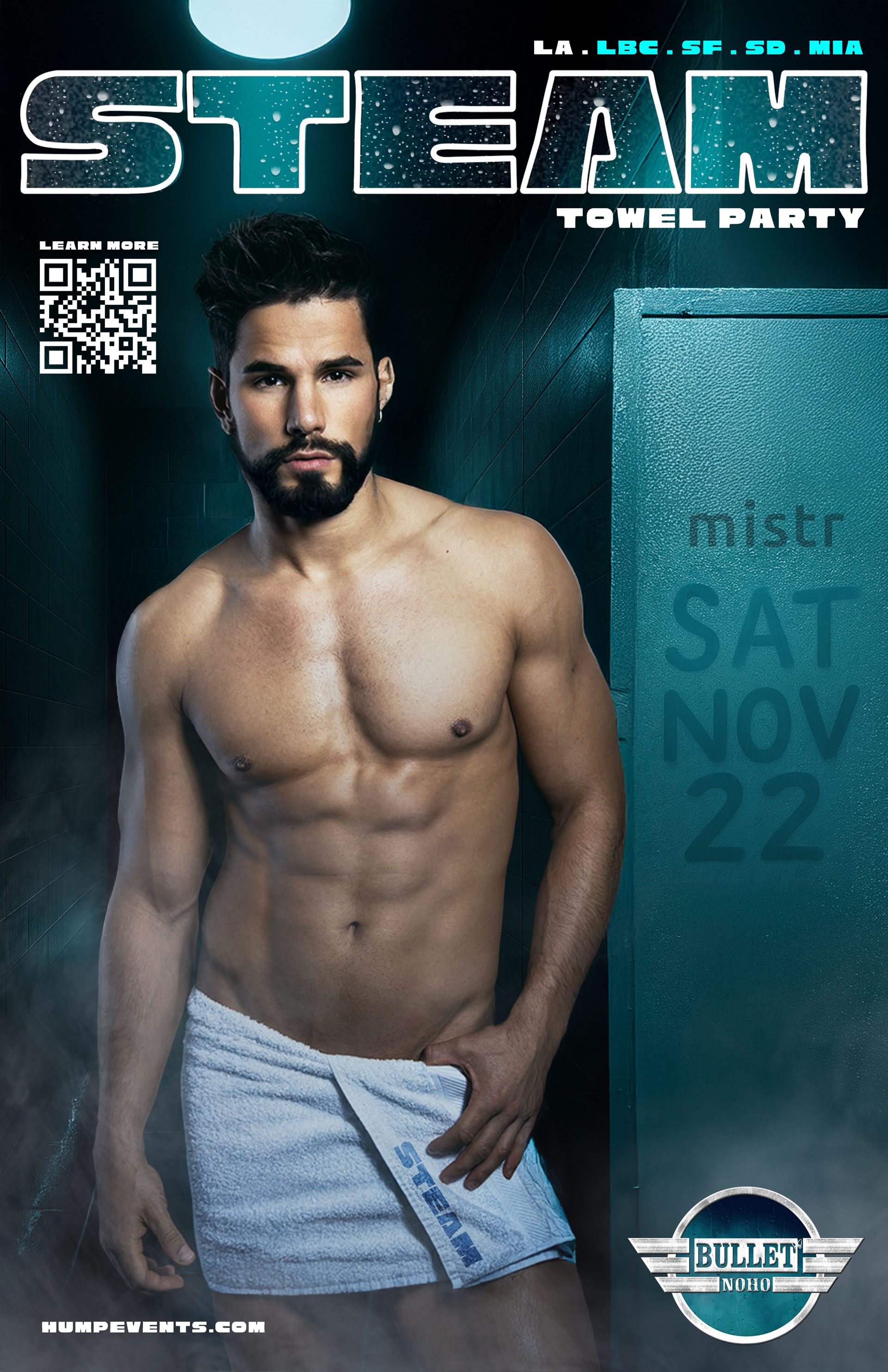 THE BULLET BAR and HUMP EVENTS Present STEAM BATH TOWEL PARTY LA: Saturday, 11/22/25 at 9:00 PM. Massage Room! Steamy Patio! Presale Tickets from $10.38, or Door Cover $12.