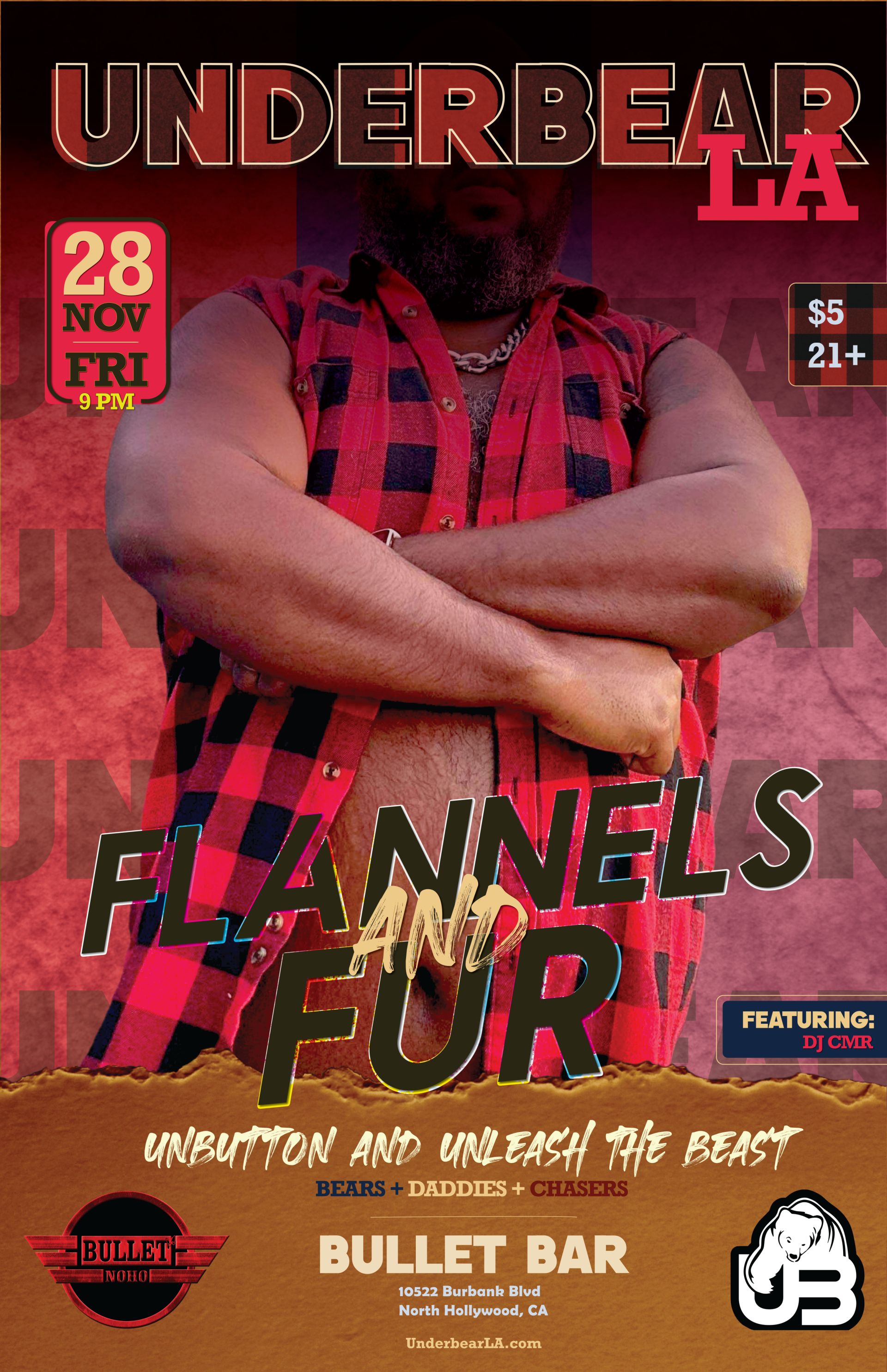 The Bullet Bar and UnderBearParty.com Present UNDERBEAR: FLANNELS AND FURS!: Friday, 11/28/25 at 9:00 PM! Featuring DJ CMR! $5 Cover.