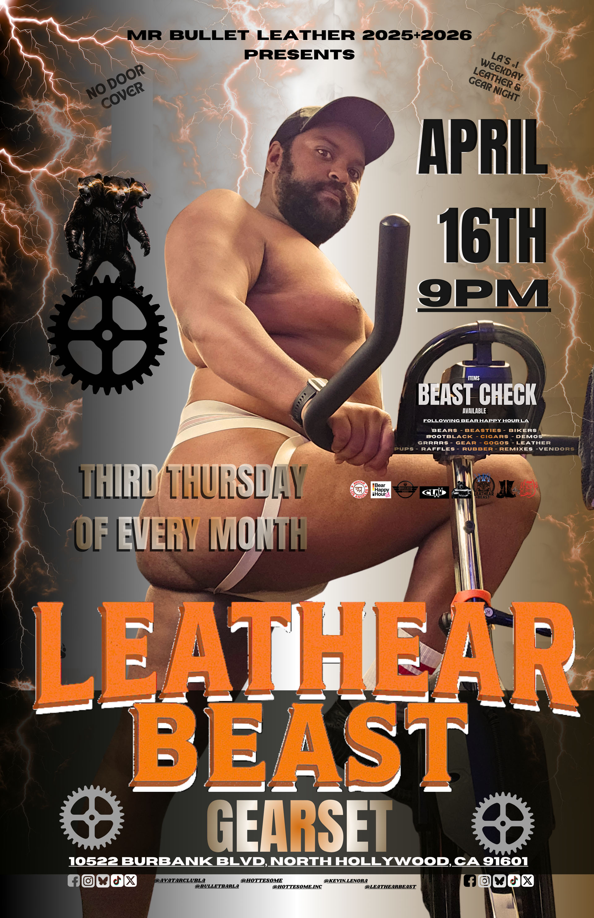MR. BULLET LEATHER 2025 & 2026 presents LEATHEAR BEAST GEARSET: Thursday, 04/16/26 from 9PM-2AM. No cover.