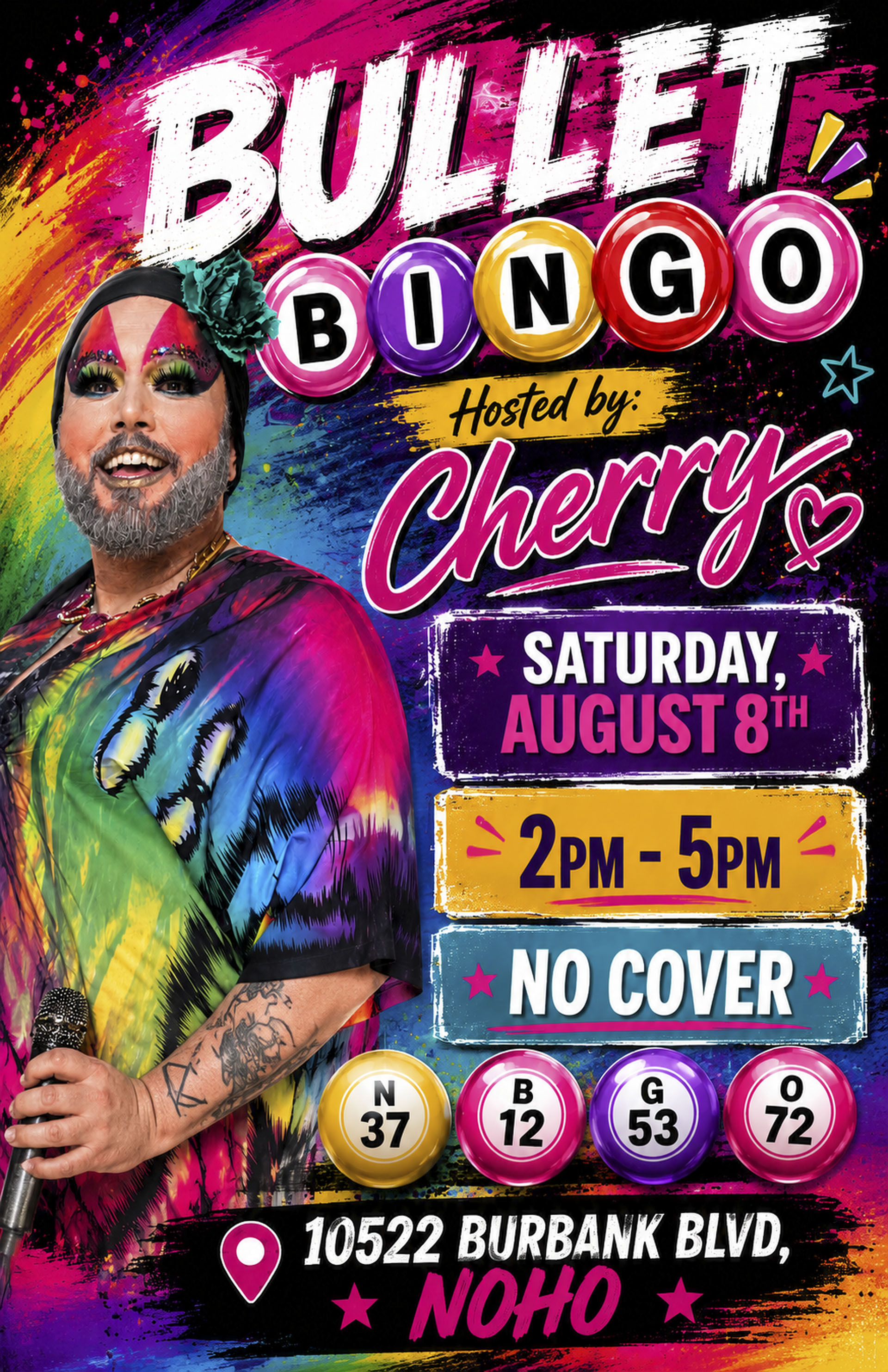 The Bullet Bar Presents BULLET BINGO Hosted by CHERRY: Saturday, 08/08/26 2PM-5! No cover.